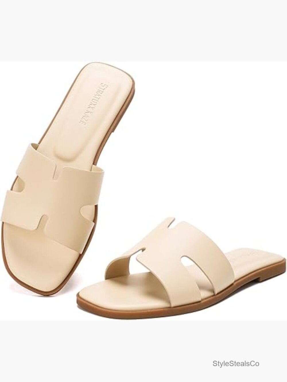 Women's Open Toe Flat Slide Sandals, Faux Leather, Memory Foam, Slip Resistant